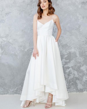High Low White Satin Spaghetti Straps Pleated Wedding Dress with Pockets WD2121