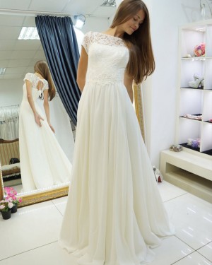 Ivory A-line Pleated Bateau Lace Bodice Wedding Dress with Keyhole Back WD2123