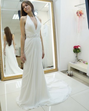 Sheath White Beach Halter Ruched Wedding Dress with Beading Belt WD2124