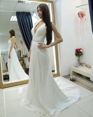 Sheath White Beach Halter Ruched Wedding Dress with Beading Belt WD2124