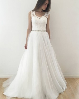 Tulle Pleated White Scoop Lace Bodice Wedding Dress with Beading Belt WD2126