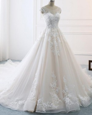 Lace Appliqued Champagne Scoop Pleated Wedding Dress WD2128