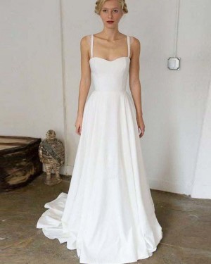 Simple Satin A-line Pleated Square White Beach Wedding Dress WD2129