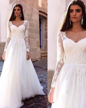 Scoop Lace Long Sleeve Appliqued Bodice White Wedding Dress WD2131