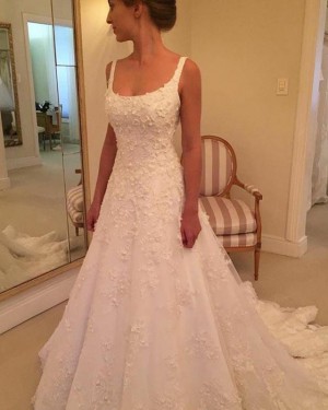Gorgeous 3D Flower Appliqued Square White Wedding Dress WD2146