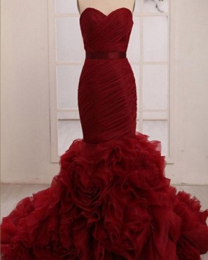 Gorgeous Ruffle Mermaid Red Sweetheart Wedding Dress WD2156