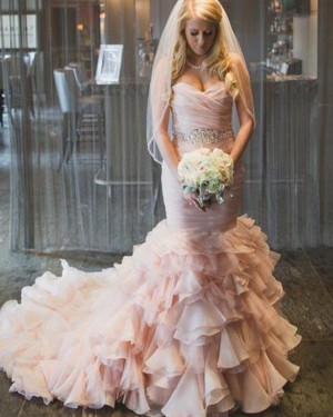 Ruffle Mermaid Pink Sweetheart Wedding Dress with Beading Belt WD2157