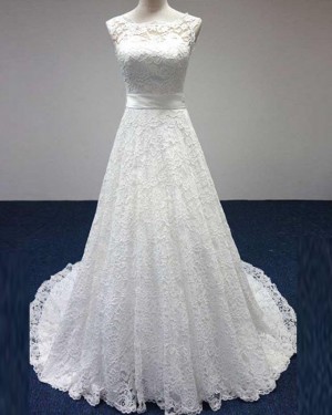 Strapless Vintage Lace Jewel Neck Ivory A-line Wedding Dress WD2158