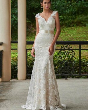 Vintage Ivory Lace Classic V-neck Mermaid Wedding Dress WD2163