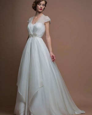 A-line Queen Anne Tulle Pleated Wedding Dress with Cap Sleeves WD2164