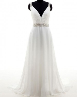 Simple Ruched Ivory V-neck Tulle Wedding Dress with Beading Belt WD2177