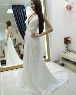Chiffon White Halter Ruched Wedding Dress with Beading Belt WD2181