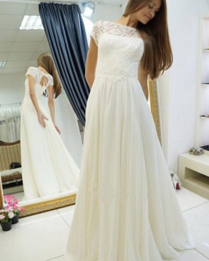 Lace Bodice Ivory Elegant Bateau Pleated Wedding Dress WD2182
