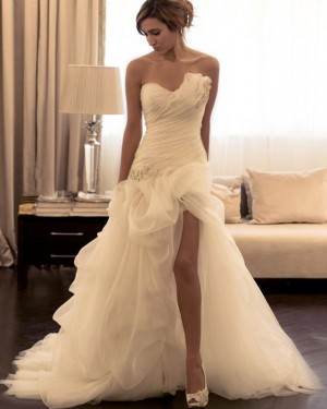 Beading Ivory Mermaid Asymmetric Ruched Wedding Dress with Side Slit WD2191
