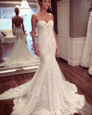 Ivory Lace Mermaid Spaghetti Straps Wedding Dress WD2193