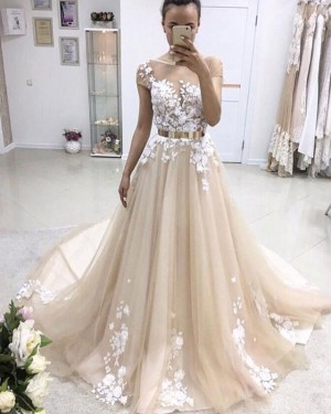 Lace Applique Pleated Jewel Champagne Wedding Dress with Short Sleeves WD2220