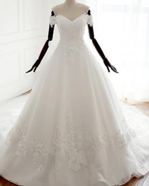 Lace Applique White Off the Shoulder Tulle Wedding Dress WD2222