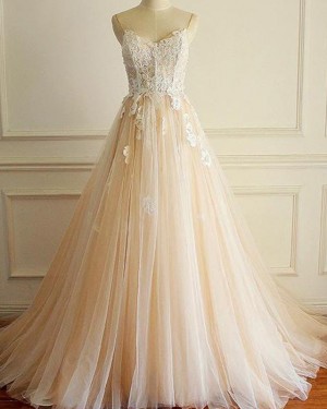 Champagne Tulle Spaghetti Straps Lace Applique Wedding Dress WD2225