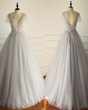 Pleated Tulle V-neck Grey Beading Bodice Wedding Dress with Short Sleeves WD2229