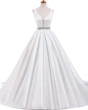 Satin Pleated Deep V-neck Ivory Wedding Dress with Beading Belt WD2234