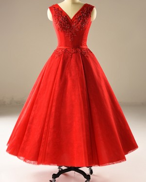 Red Tea Length V-neck Beading Applique Wedding Dress WD2235