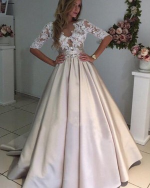 Sheer Neck Satin Ivory Lace Bodice Wedding Dress with Half Length Sleeves WD2240