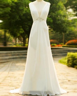 Ivory Sheath Deep V-neck Ruched Wedding Dress with Beading WD2242