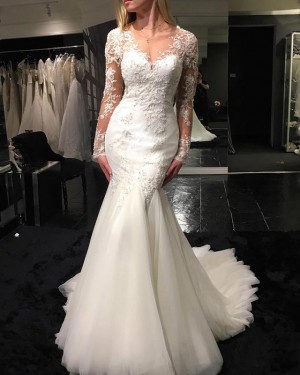 V-neck Ivory Lace Applique Wedding Dress with Long Sleeves WD2247