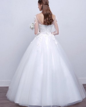 Bateau Lace Applique White A-line Tulle Wedding Dress with Long Sleeves WD2253