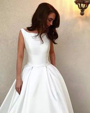 Simple Bateau White Satin A-line Wedding Dress WD2262