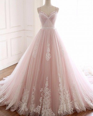 Double Spaghetti Straps Pink Ruched Applique Wedding Gown WD2267