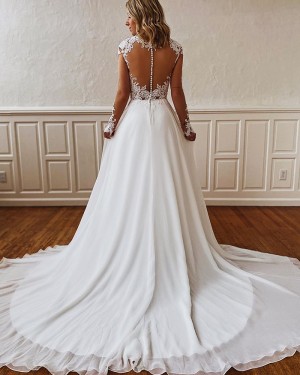 Lace Bodice White V-neck Wedding Dress with Long Sleeves WD2301