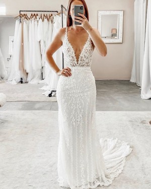 Lace Deep V-neck White Sheath Wedding Dress WD2315