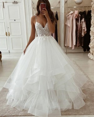 Ivory Lace Bodice Ruffled Spaghetti Straps Wedding Dress WD2341