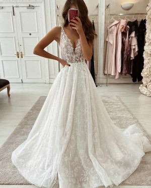 Ivory V-neck Pleated Lace Wedding Dress WD2344