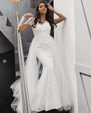 V-neck White Lace Long Sleeve Mermaid Wedding Dress with Detachable Tulle Train WD2401