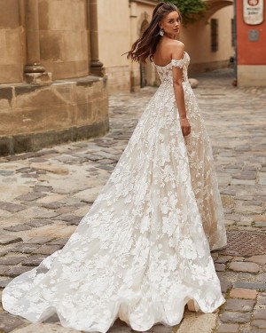 Off the Shoulder Lace Ivory A-line Vintage Wedding Dress WD2402