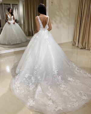 Lace White Tulle V-neck A-line Wedding Dress WD2405