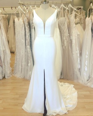 Simple V-neck Satin White Mermaid Wedding Dress with Middle Slit WD2409