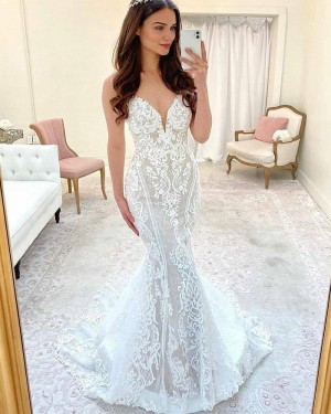 Spaghetti Straps Lace Mermaid White Wedding Dress with Court Train WD2421