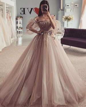 Brown Ruched Beading Tulle Off the Shoulder Wedding Dress WD2425