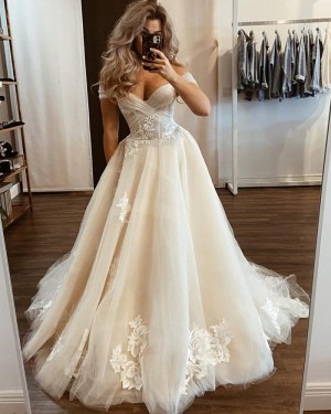 Ivory Tulle Applique Off the Shoulder Wedding Dress WD2433