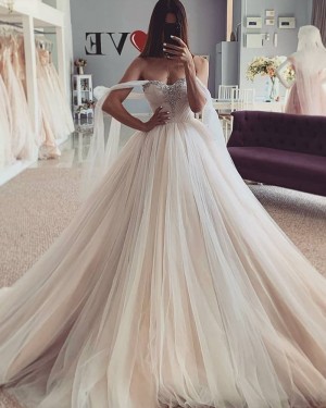 Beading Bodice Tulle Champagne Wedding Dress with Flutter Sleeves WD2440