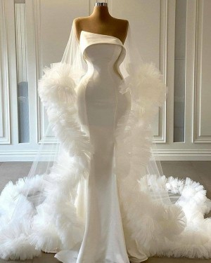 Bell Sleeves White Tulle Cowl Neckline Mermaid Wedding Dress with Feather Hems WD2441