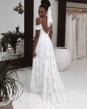 White Lace Cold Shoulder Wedding Dress with Middle Slit WD2443
