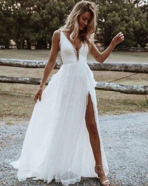 V-neck Lace White Beach Simple Wedding Dress with Side Slit WD2445