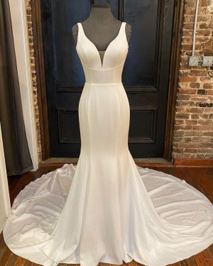 V-neck Silk-Like Simple Fabric Mermaid Wedding Dress WD2456