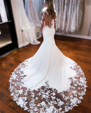 White Mermaid Sheer Neck Wedding Dress with Lace Long Sleeves WD2458