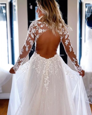 Lace Applique V-neck Tulle White Side Slit Wedding Dress with Long Sleeves WD2459