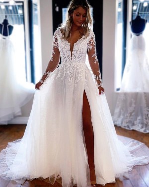 Lace Applique V-neck Tulle White Side Slit Wedding Dress with Long Sleeves WD2459